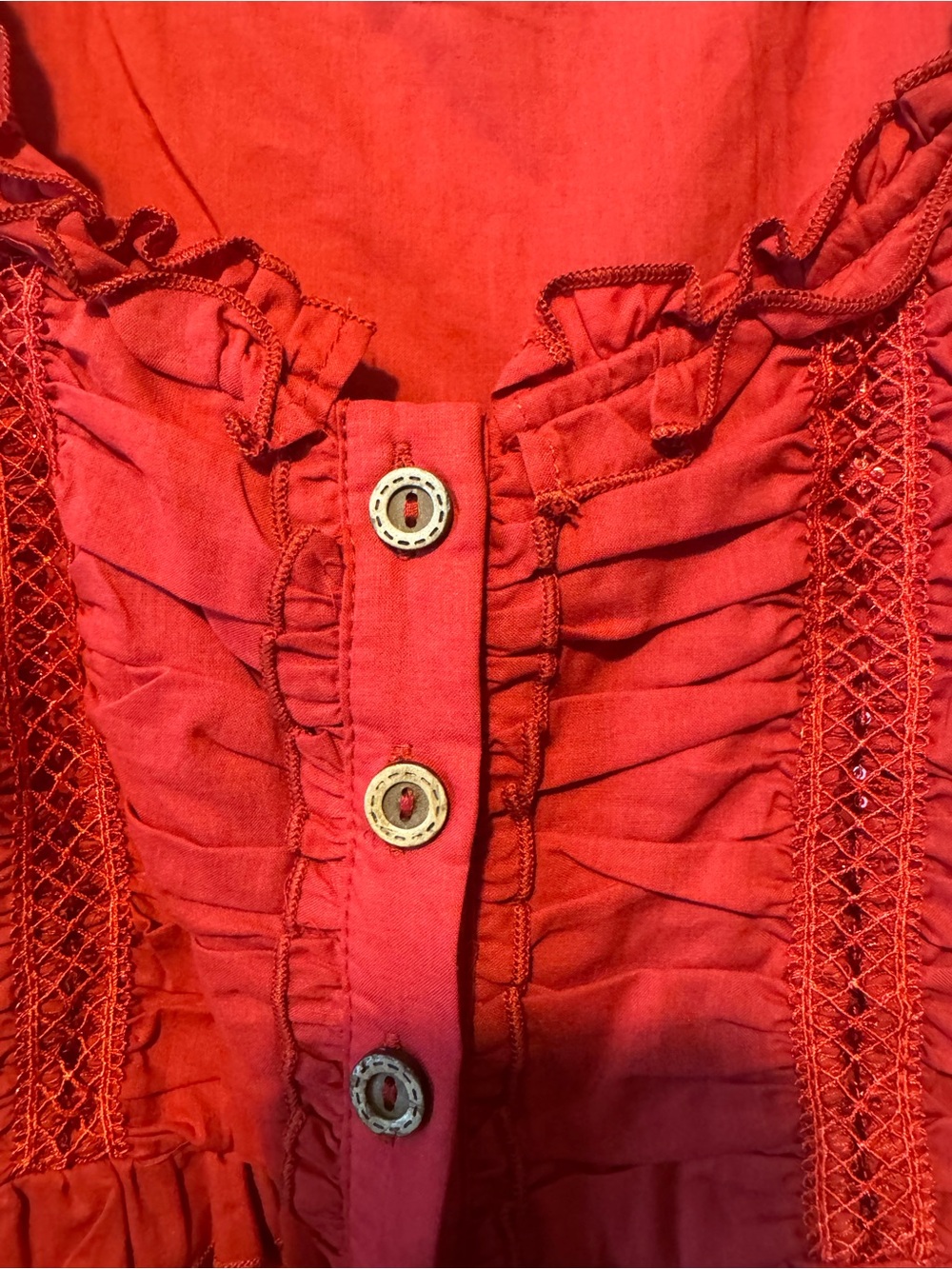 Red Ruffle Button-Front Peasant Blouse - Picture 7 of 12